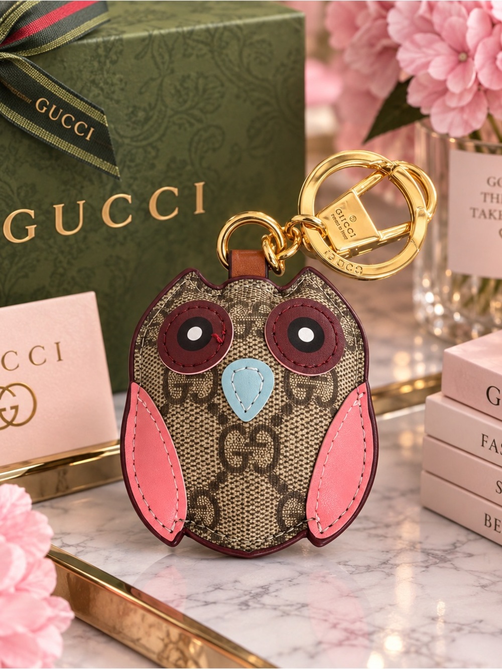 Owl Keyring with Pink and Blue Leather Accents
